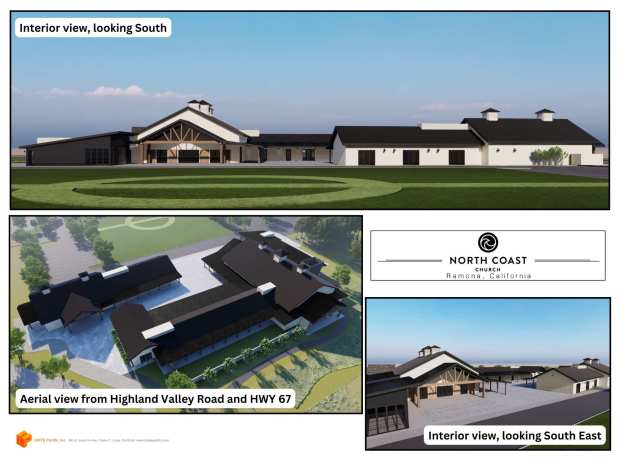North Coast Church has plans to build a 20,330-square-foot campus with a "modern barn aesthetic" at state Route 67 and Highland Valley Road in Ramona, on land previously owned by the Spirit of Joy Lutheran Church. (Courtesy Jamie Looney, Unite Pacific)