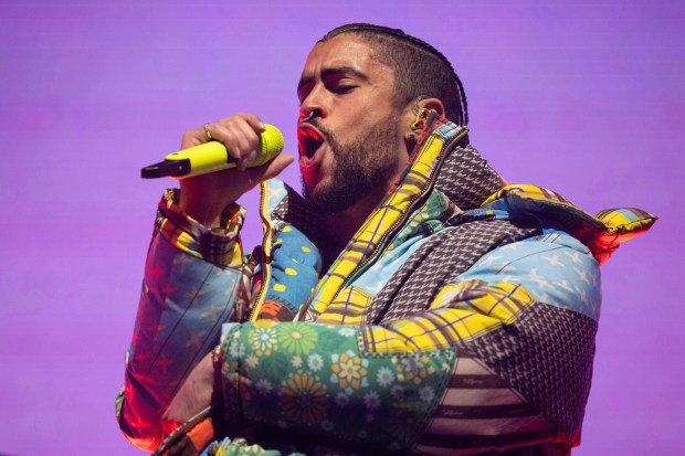 Bad Bunny performs during the Coachella Valley Music and Arts Festival at the Empire Polo Club in Indio on Friday, April 14, 2023. (Photo by Drew A. Kelley, Contributing Photographer)