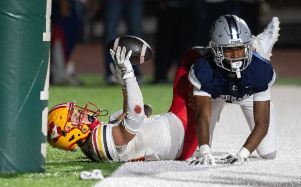 Mission Viejo's Jack Junker holds up the ball after scoring a touchdown in a game against Chaparral at Chaparral High School in Temecula on Friday, Sept. 26, 2025. (Photo by Nick Koon, Contributing Photographer)