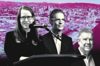 Oakland Roots Sports Club president Lindsay Barenz, Trammel Crow Company CEO Danny Queenan and Pacific Maritime Association CEO Stephen Hennessey with the Howard Terminal site