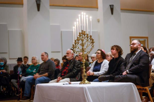 The Menorah is lit at Congregation Shir Hadash in Los Gatos, Calif., on Saturday, Dec. 20, 2025. (Shae Hammond/Bay Area News Group)