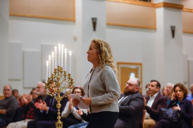 Beth Silbergeld Principal of Branham High School speaks during a gathering against hate, in response to a group of Branham High School students who arranged themselves into the shape of a swastika, at Congregation Shir Hadash in Los Gatos, Calif., on Saturday, Dec. 20, 2025. (Shae Hammond/Bay Area News Group)