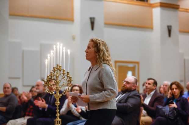 Beth Silbergeld Principal of Branham High School speaks during a gathering against hate, in response to a group of Branham High School students who arranged themselves into the shape of a swastika, at Congregation Shir Hadash in Los Gatos, Calif., on Saturday, Dec. 20, 2025. (Shae Hammond/Bay Area News Group)