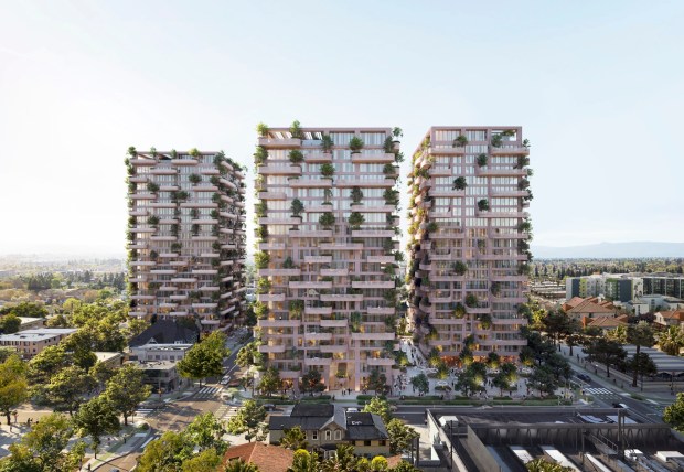 Downtown San Jose housing towers at 420 South Third Street (left), 98 East San Salvador Street (center) and 420 South Second Street (right), concept. (Bjarke Ingels, Nabr)