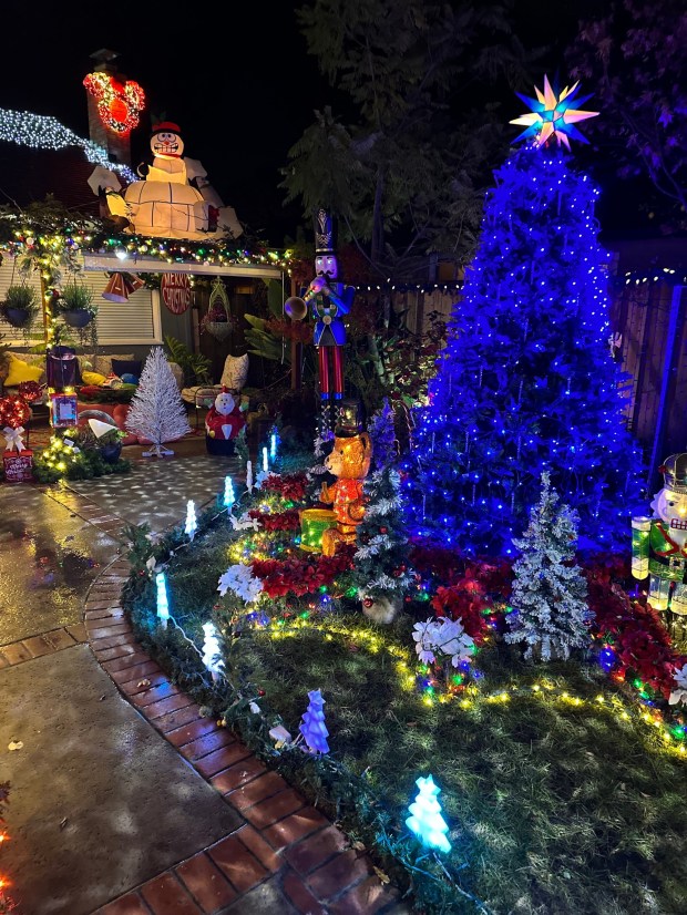 The Foster family's holiday display in Redwood City features 40,000 synchronized LED lights and multiple Christmas trees. (Courtesy of Steven Foster)