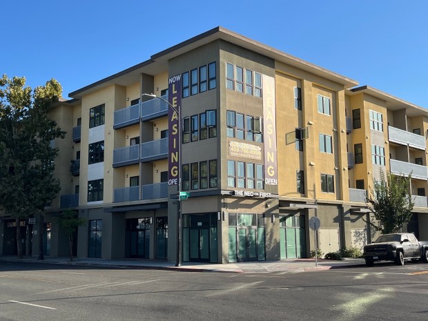 The Neo on First, an apartment complex at 975 South First Street south of downtown San Jose, seen on Sept. 16, 2025.(George Avalos/Bay Area News Group)