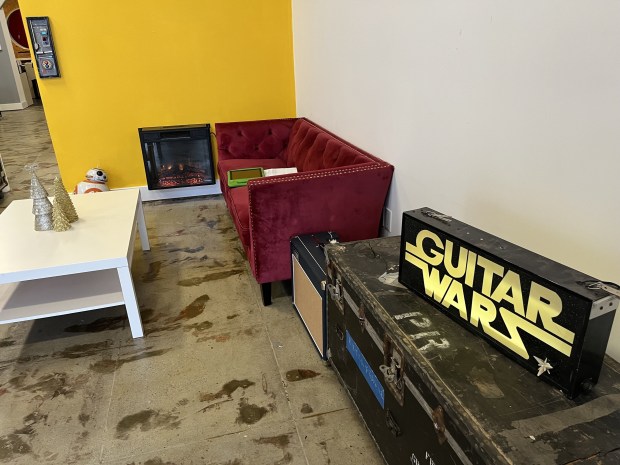 Guitar Wars logo is seen inside the store's new location at 447 South First Street in downtown San Jose, Dec. 2, 2025. (George Avalos/Bay Area News Group)