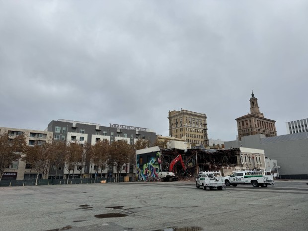 Rear of a partially demolished building at 39, 45, and 49 North First Street in downtown San Jose, seen on Nov. 20, 2025. (Robert Summa/Bay Area News Group)