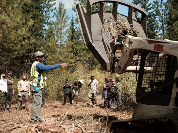 Work at a 650-acre property in Emigrant Gap, California, continues as part of a plan to build a nature center, tree houses, cabins and more by 2028. It's the first property acquired by the 40 Acre Conservation League, a Black-led land conservancy in California. (Courtesy Wenzelhaus)
