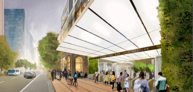 Downtown San Jose BART station entrance, West Santa Clara Street between North First Street and North Market Street, concept. Foster + Partners
