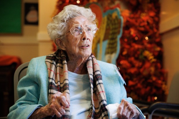 Client Sally Burns, 105, talks during an interview at Live Oak Adult Day Services in San Jose, Calif., on Nov. 4, 2025. (Dai Sugano/Bay Area News Group)