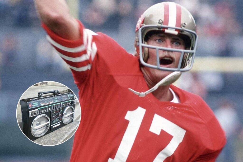 Image shows the 49ers Quarterback playing with a boombox
