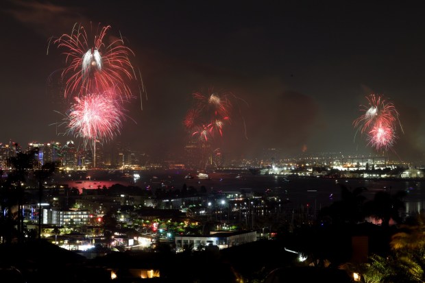 Fireworks explode over San Diego Bay during the Big Bay Boom fireworks show in San Diego on Friday, July 04, 2025. (Hayne Palmour IV / For The San Diego Union-Tribune)