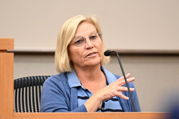 June Dudas testifies in San Diego County Superior Court, Nov. 10, 2025 in San Diego, Calif. (Photo by Denis Poroy)