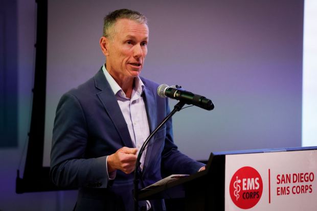 Jeff Collins, Director of San Diego County Fire, speaks during San Diego Emergency Medical Services Corps graduation at Southwestern College on Tuesday, Dec. 2, 2025 in Chula Vista, California. (Meg McLaughlin / The San Diego Union-Tribune)
