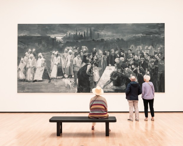 Chinese-born painter Yan Pei-Ming's "A Burial in Shanghai," comprised of three towering paintings, is on display at the Museum of Contemporary Art San Diego through Jan. 4, 2026. (Daniel Lang for MCASD)