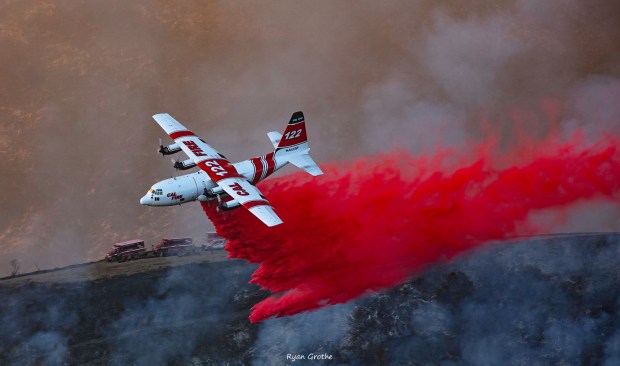 The C-130 air tanker can drop up to 4,000 gallons of fire retardant. The Ramona Airport is undergoing renovations so the air attack base can better accommodate the large tanker. (Cal Fire San Diego)