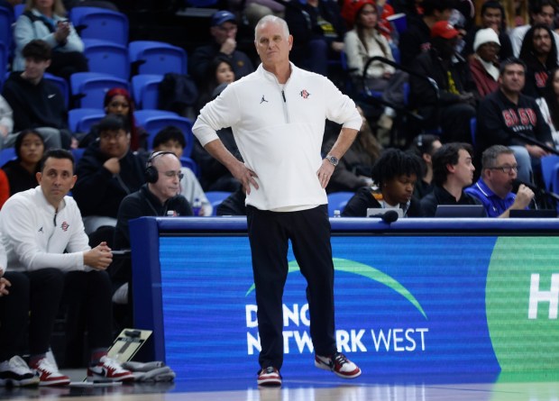 San Diego State Aztecs head coach Brian Dutcher coaches their game against the San Jose State Spartans in the first half at the Provident Credit Union Event Center at San Jose State University in San Jose, Calif., on Tuesday, Dec 30, 2025. (Nhat V. Meyer/Bay Area News Group)