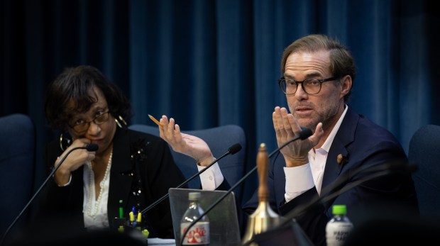 Member Sharon Whitehurst-Payne, left, and President Cody Petterson during a San Diego Unified School Board meeting on Wednesday, Dec. 10, 2025 in San Diego. (Ana Ramirez / The San Diego Union-Tribune)
