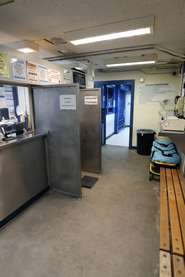 The cramped booking area of the Vista Detention Facility, seen on Monday, Dec. 1, 2025, offers little chance for confidentiality. (San Diego County Sheriff's Department)