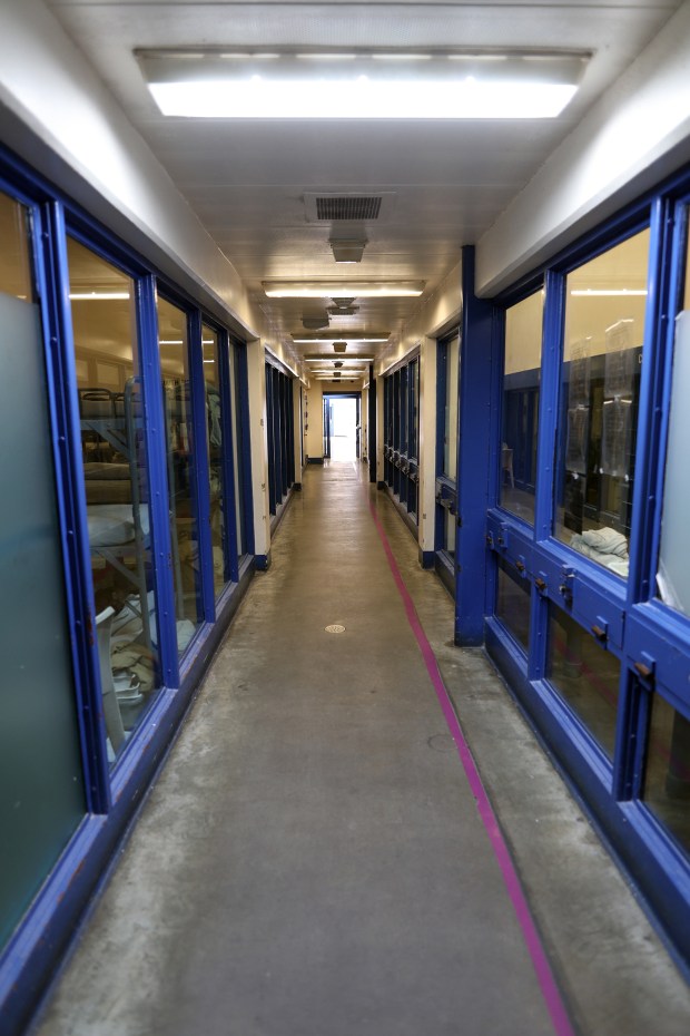 A narrow hallway between the senior module and the worker module at the Vista Detention Facility on Monday, Dec. 1, 2025. (San Diego County Sheriff's Department)