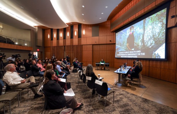 SAN DIEGO, CA - December 11, 2025: San Diego County Supervisor Paloma Aguirre, seated back center, brings up a slide on the projection screen while she speaks during a joint informational hearing on monitoring the impacts and progress in the Tijuana River Valley at the Robert Paine Scripps Forum in La Jolla on Thursday, December 11, 2025. (Hayne Palmour IV / For The San Diego Union-Tribune)