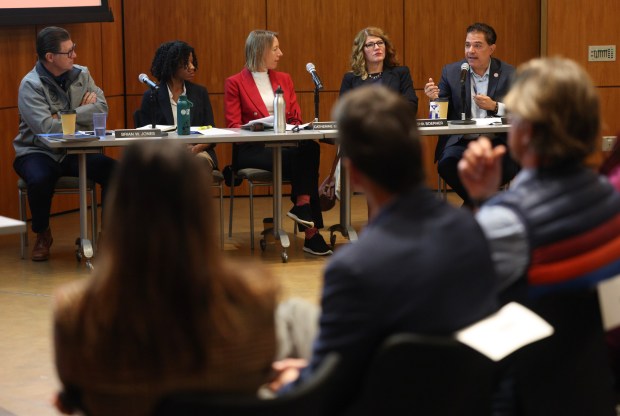 SAN DIEGO, CA - December 11, 2025: State Senator Steve Padilla speaks as he sits on a panel that includes State Senator Brian Jones, far left, State Senator Catherine Blakespear, center, and State Assembly member Tasha Boerner, second from right, during a joint informational hearing on monitoring the impacts and progress in the Tijuana River Valley at the Robert Paine Scripps Forum in La Jolla on Thursday, December 11, 2025. (Hayne Palmour IV / For The San Diego Union-Tribune)