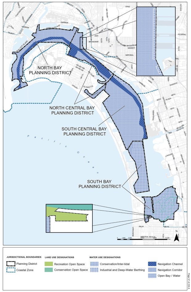 The Trust Lands Use Plan introduces four new planning districts covering 8,003 acres: North Bay with 1,517 acres, North Central Bay with 1,146 acres, South Central Bay with 3,028 acres and South Bay with 2,311 acres. (Port of San Diego)