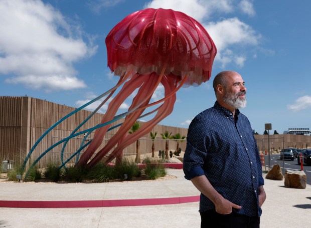 Rise, by Matthew Mazzotta, is a larger-than-life sculpture, performance space, and shade structure inspired by the purple-striped jellyfish (Chrysaora colorata) that is part of the public arts displayed at the new Terminal 1 at San Diego International Airport on Sept. 11, 2025 in San Diego, CA. (K.C. Alfred / The San Diego Union-Tribune)