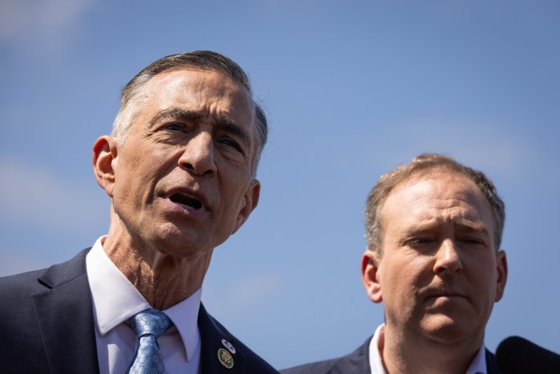 Rep. Darrell Issa, left, and EPA Administrator Lee Zeldin speak during a press conference about the ongoing Tijuana River sewage crisis on Tuesday, April 22, 2025, in San Diego. Issa faces a tougher 2026 re-election race now that his district has been redrawn. (Ana Ramirez / The San Diego Union-Tribune)