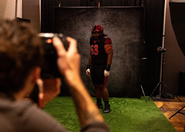 SDSU offensive lineman Ross Ulugalu-Maseuli poses for a photo during Wednesday's Mountain West media day in Las Vegas. (Justin Truong, SDSU athletics)