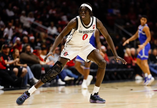 SDSU forward Magoon Gwath has 12 points and four rebounds against Air Force on Wednesday night. (Meg McLaughlin / The San Diego Union-Tribune)