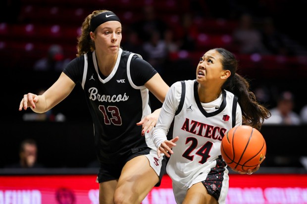 Naomi Panganiban #24 of San Diego State drives to the basket against Ava Schmidt #13 of Santa Clara during their game at Viejas Arena on Wednesday, Nov. 19, 2025 in San Diego, California. (Meg McLaughlin / The San Diego Union-Tribune)