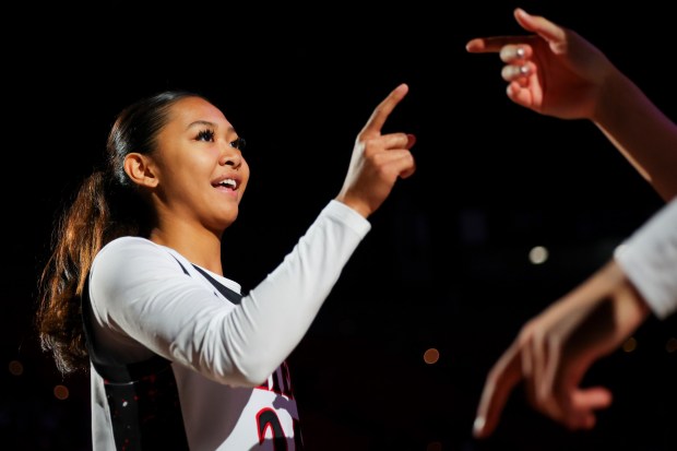 Naomi Panganiban #24 of San Diego State is announced before their game against Santa Clara at Viejas Arena on Wednesday, Nov. 19, 2025 in San Diego, California. (Meg McLaughlin / The San Diego Union-Tribune)