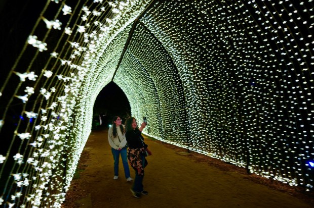 Mireya Montoya (r) and her daughter, Jimena Sanchez Montoya of San Marcos were among some of the early guest enjoying the evening at the Lightscape at San Diego Botanic Garden on Thursday, Nov. 13, 2025 in Encinitas, CA. (Nelvin C. Cepeda / The San Diego Union-Tribune)