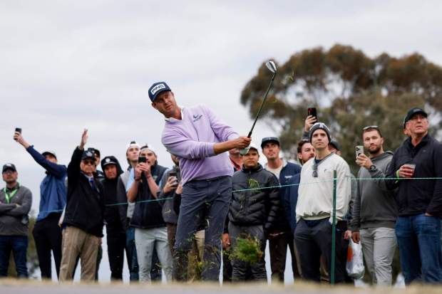 Harris English hits from the rough on the 18th hole during the final round of the Farmers Insurance Open at Torrey Pines South Course on Saturday, Jan. 25, 2025 in San Diego, CA. (Meg McLaughlin / The San Diego Union-Tribune)