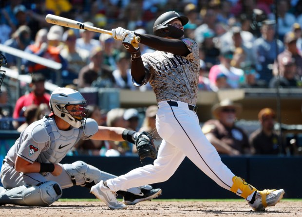 Will Wagner #24 of the San Diego Padres hits a single in the fifth inning against the Arizona Diamondbacks at Petco Park on Sept. 28, 2025 in San Diego, California. (K.C. Alfred / The San Diego Union-Tribune)
