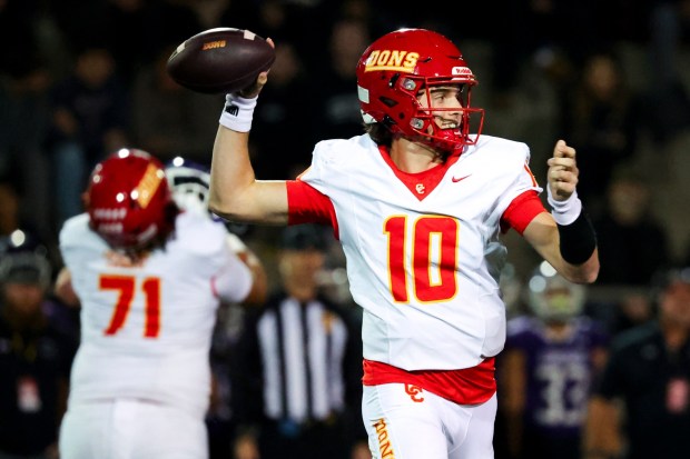 Cathedral Catholic's Brady Palmer passes against Carlsbad during the CIF San Diego Section Open Division finals at Southwestern College on Tuesday, Nov. 25, 2025 in San Diego, California. (Meg McLaughlin / The San Diego Union-Tribune)