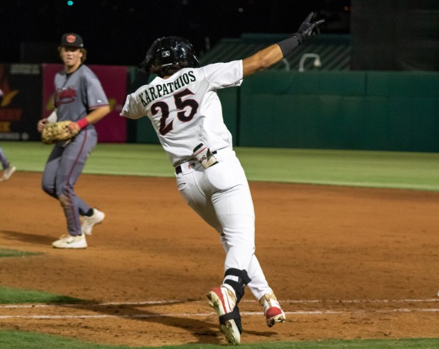 Padres outfield prospect Braedon Karpathios hit a go-head home run against Visalia on Thursday, Sept. 12, 2024. (Justin Jett / Lake Elsinore Storm)