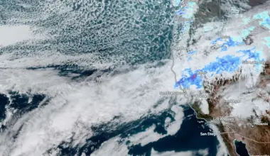 Satellite image of the first AR moving into California as of 2200 UTC on December 19, 2025