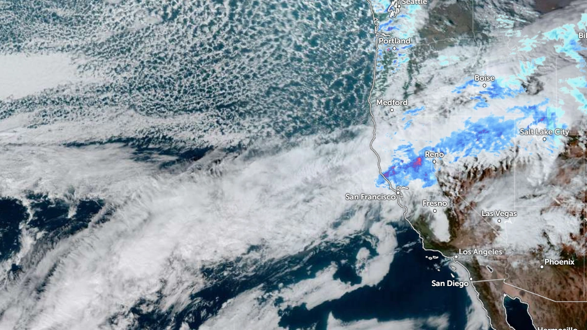 Satellite image of the first AR moving into California as of 2200 UTC on December 19, 2025