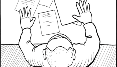 A person viewed from above sits at a desk with scattered papers, holding one sheet above the rest, closely examining it for signs of a scam.