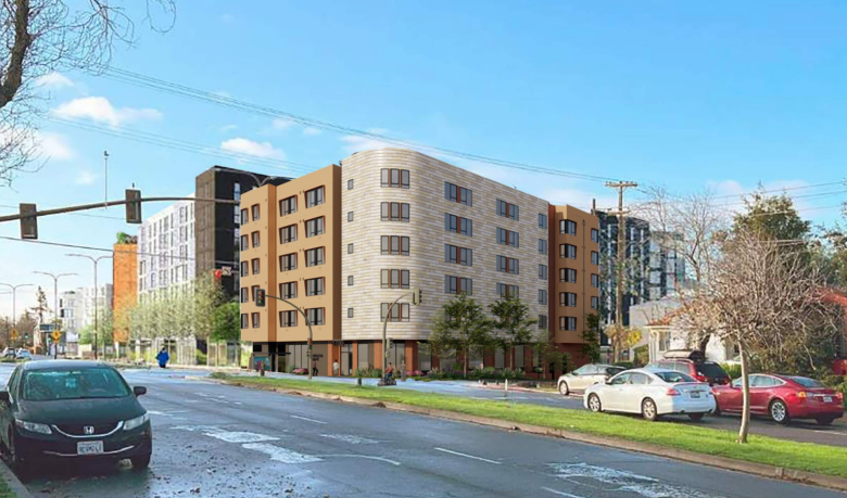 An architect's rendering depicts new apartment buildings along a city street