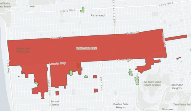 A map highlighting Golden Gate Park in red, showing its location and boundaries within San Francisco, with surrounding neighborhoods and streets labeled—ideal for navigating during a power outage.