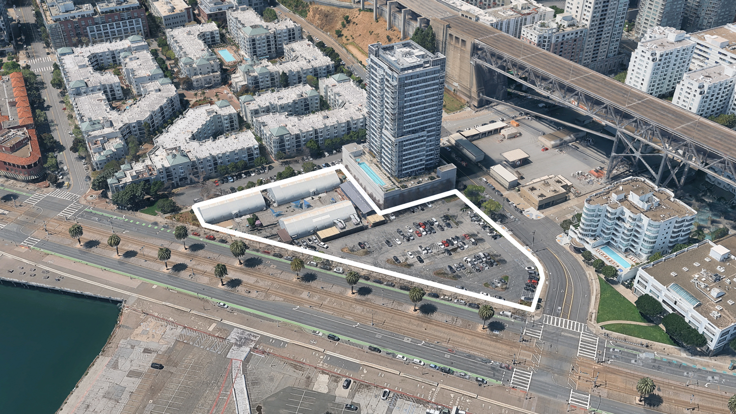 Seawall Lot 330, image via Google Satellite outlined approximately by YIMBY