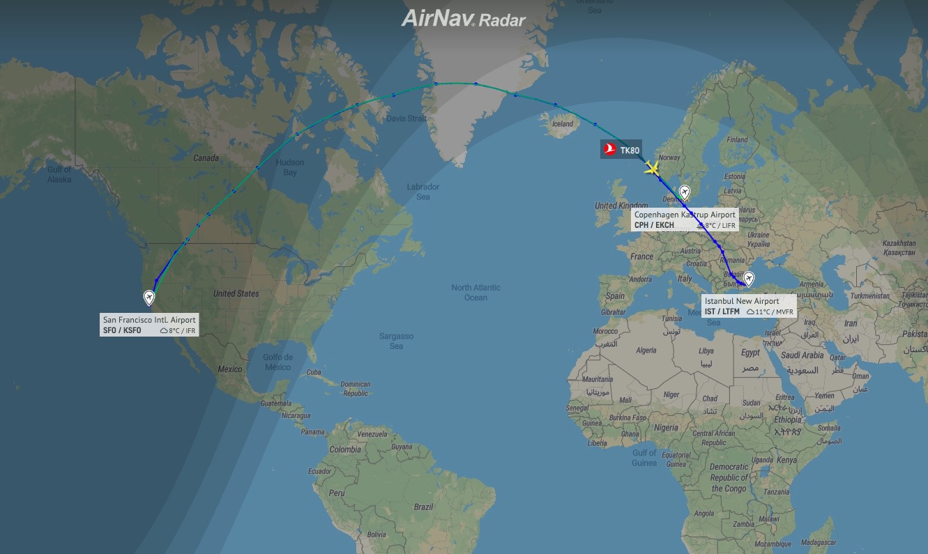 Turkish Airlines TK80 from San Francisco diverted to Copenhagen