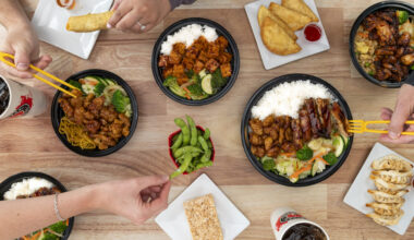 teriyaki spread of foods and a random ricke krispie treat.