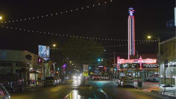 The brightly lit Tower Theatre at night