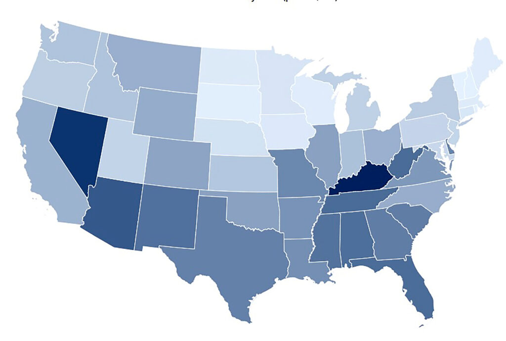 A U.S. map in shades of blue -- light blue to dark blue -- show states where the historical homicide rate was highest.