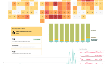 Data dashboard displaying arrest statistics, citation trends, a heat map of incidents by day—highlighting activity near 16th Street—plus a yearly bar chart and line graphs tracking historical averages and monthly patterns.
